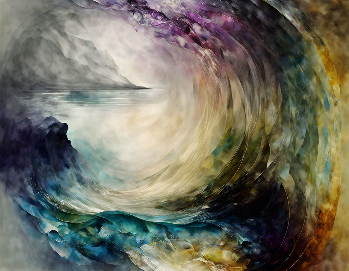 Colorful Abstract Art: Swirling Vortex Over Tranquil Sea