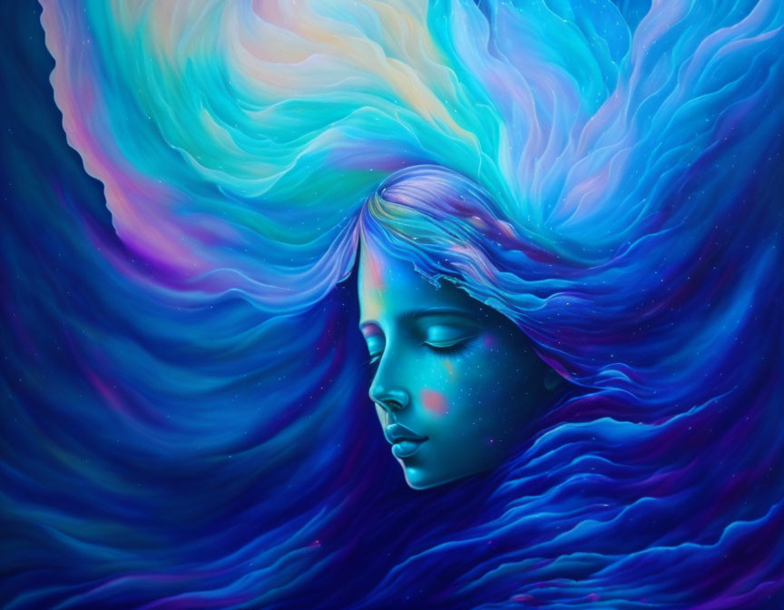 Colorful portrait of a woman's profile merging with cosmic swirls in blue and teal