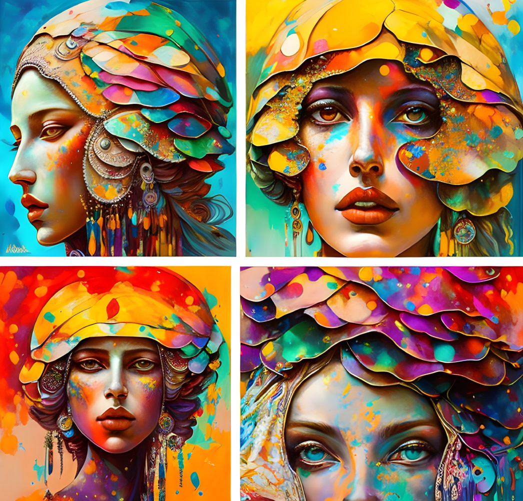 Vibrant, colorful portraits of a woman with intricate patterns and surreal elements in a modern artistic style