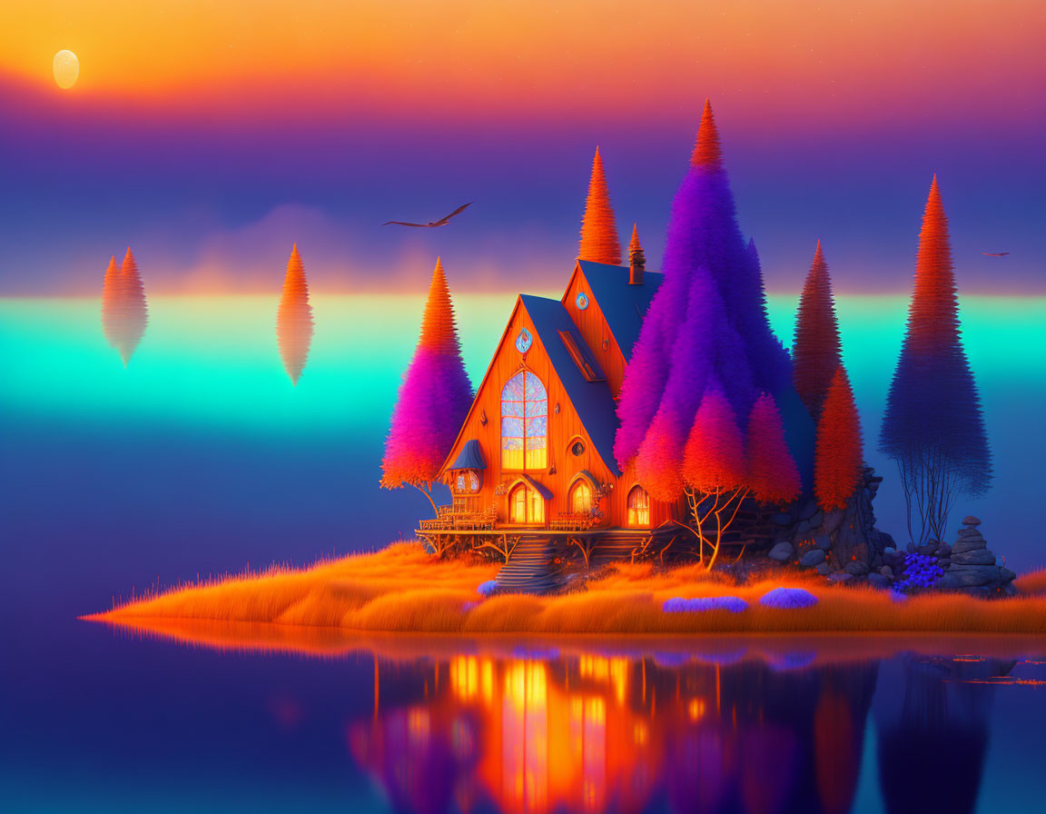 Colorful illustration: Cozy cottage on island with purple trees, orange grass, serene lake, sunset