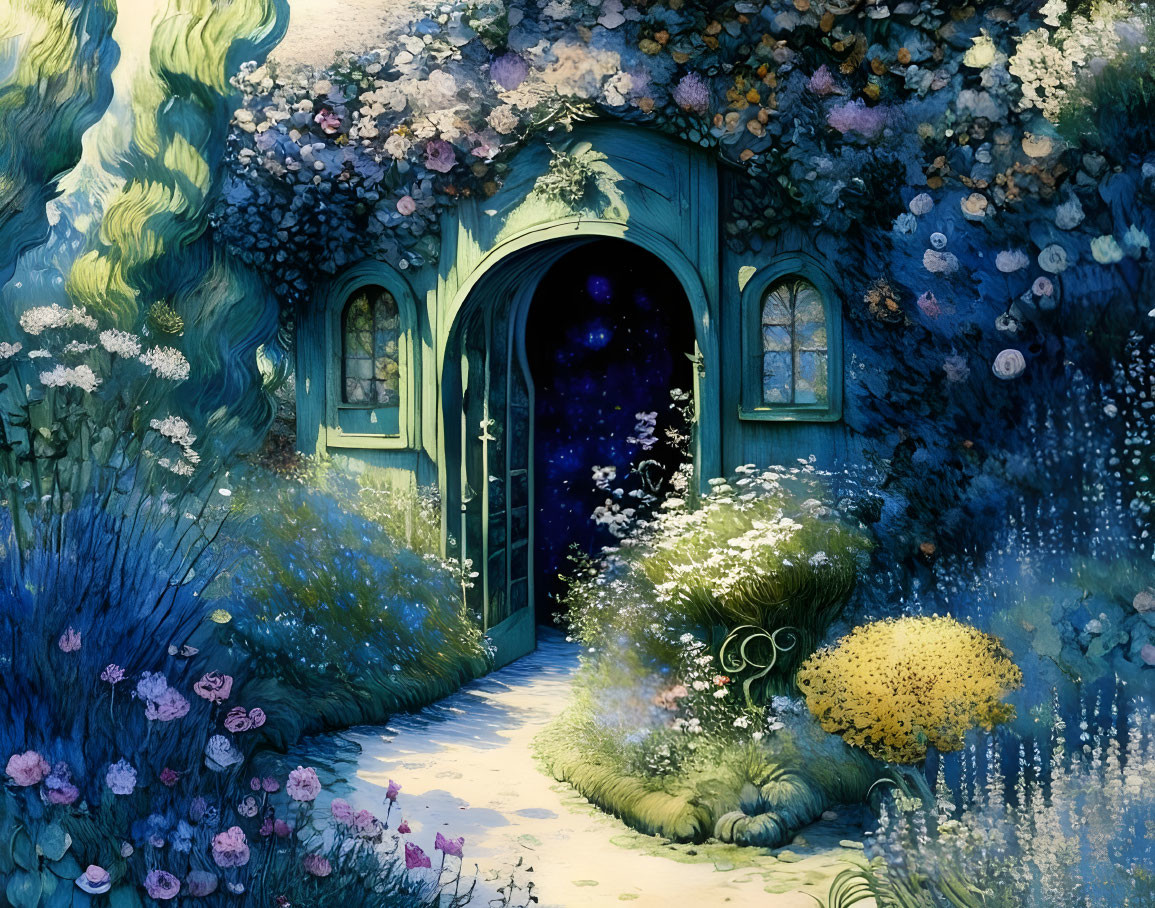 Enchanting arched doorway in lush garden with vibrant flowers and starry night view.