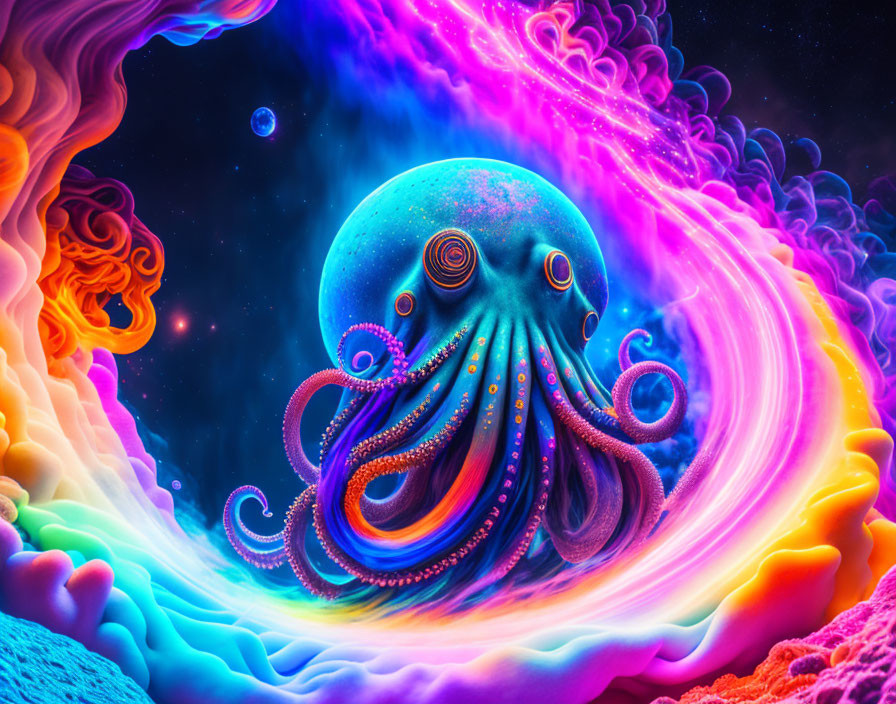 Colorful surreal octopus in cosmic environment