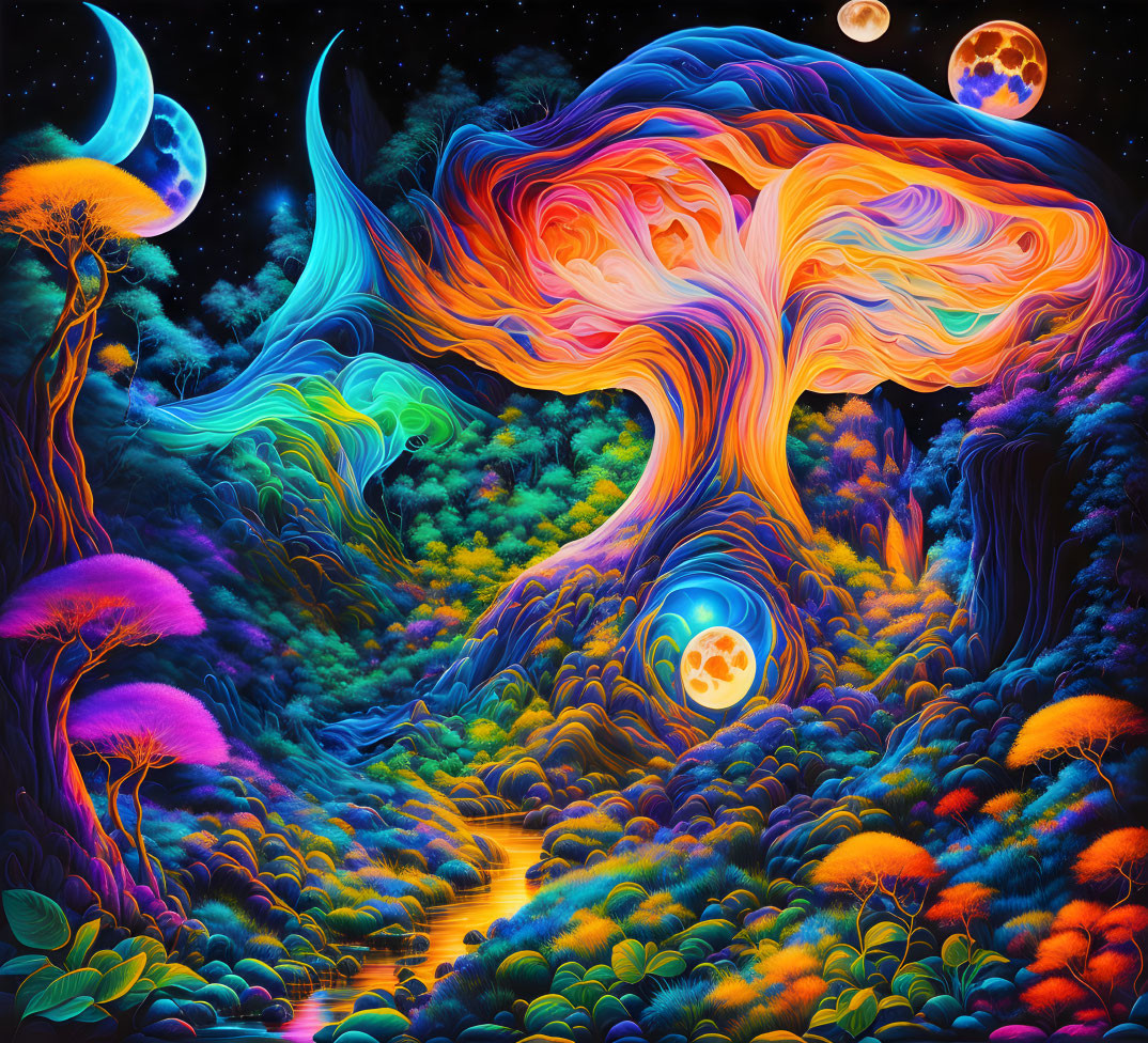 Colorful Psychedelic Artwork: Luminous Tree, Dual Moons & Neon Landscape