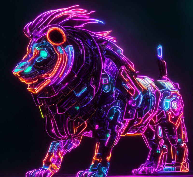 Vibrant neon cybernetic lion illustration with glowing circuitry patterns