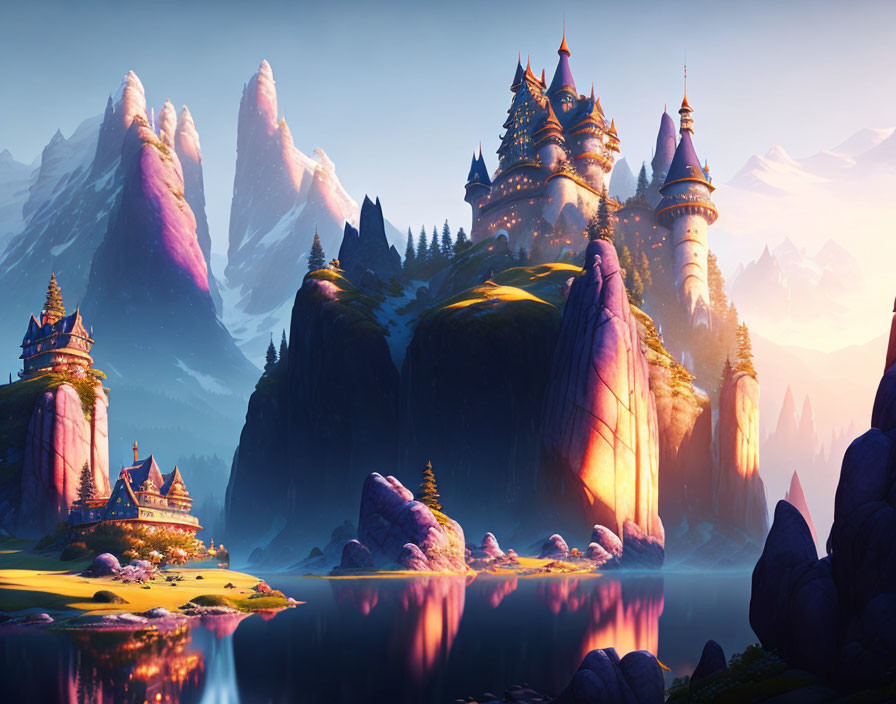 Majestic castles on steep cliffs under vibrant sunset sky