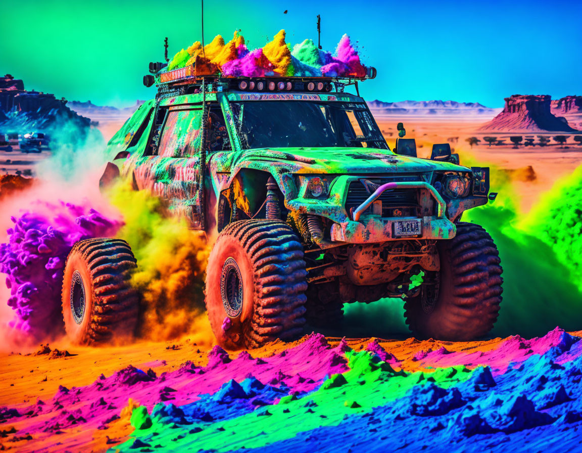 Colorful Off-Road Vehicle Kicking Up Pink and Green Dust in Desert