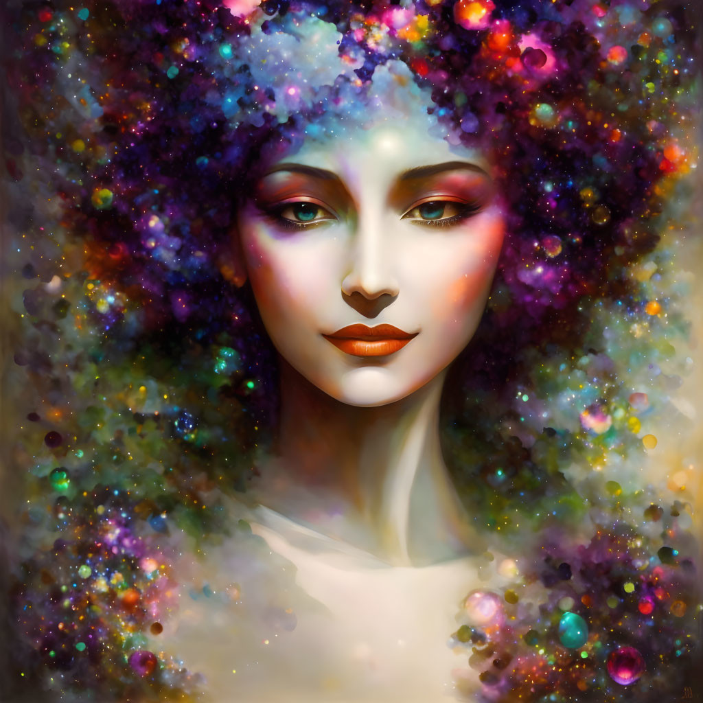 Colorful cosmic hair blending into star-filled nebula on a woman portrait.