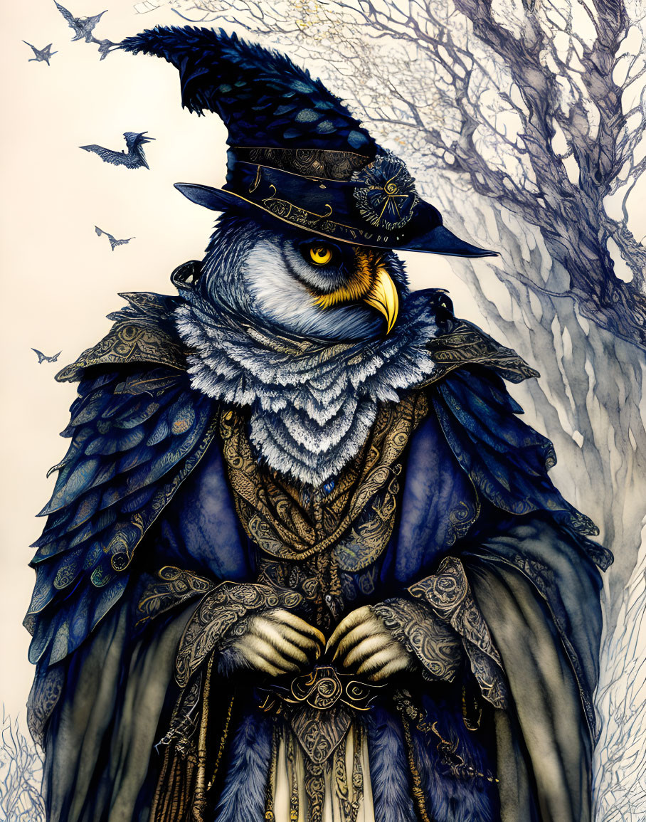 Detailed Victorian Owl in Witch's Hat with Birds and Tree