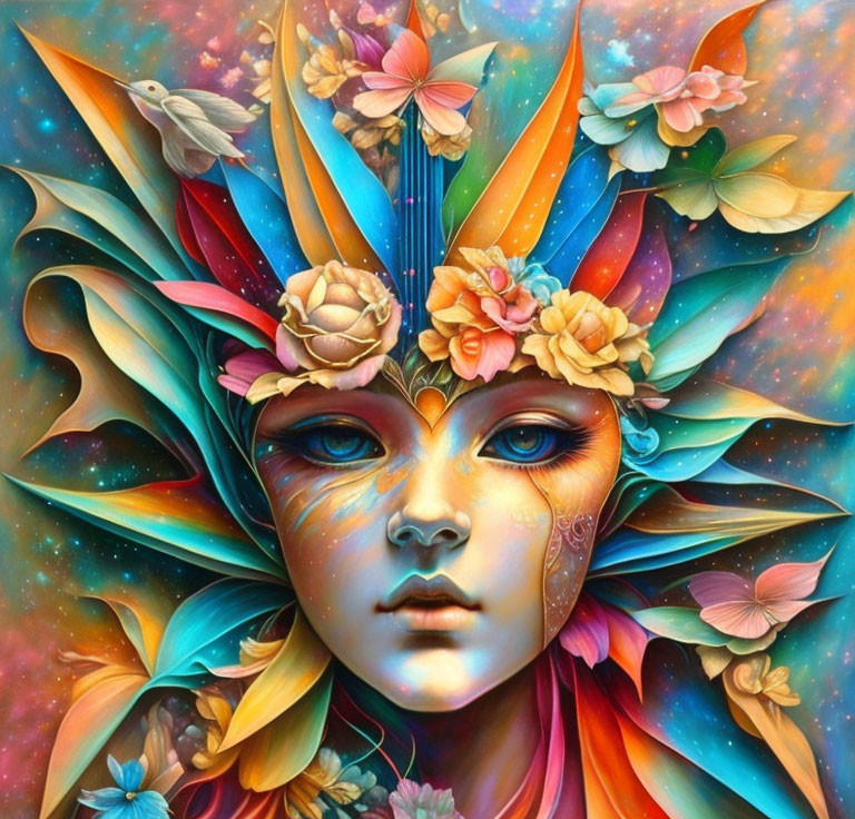 Colorful surreal portrait with floral, feather-like elements, butterflies, birds, and cosmic backdrop