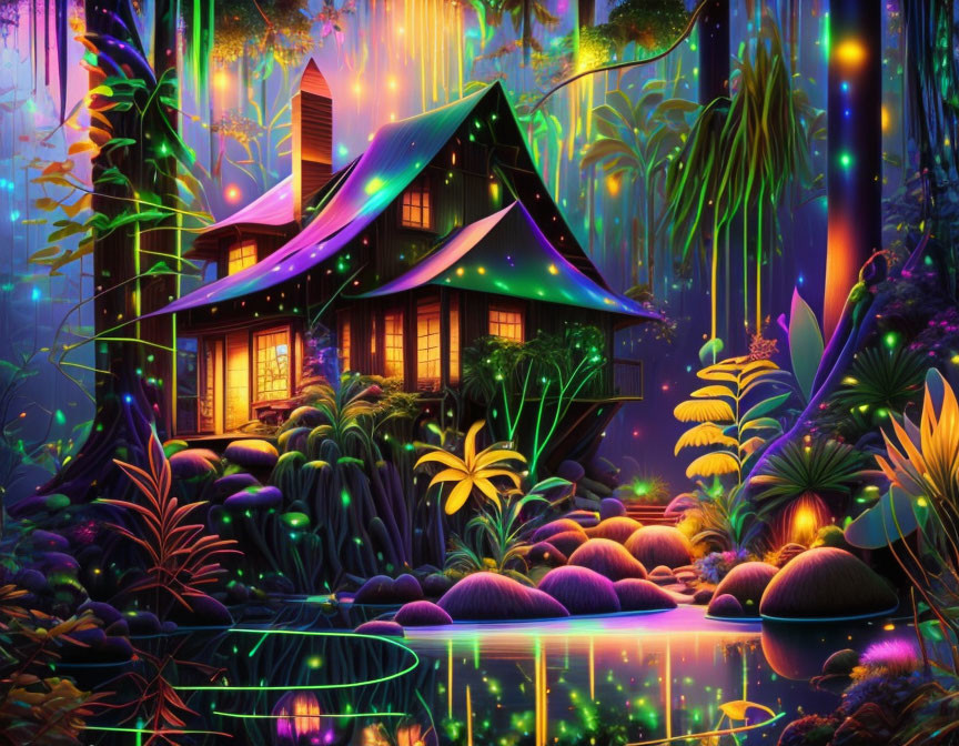 Colorful illustration: Traditional house in enchanted forest with glowing plants