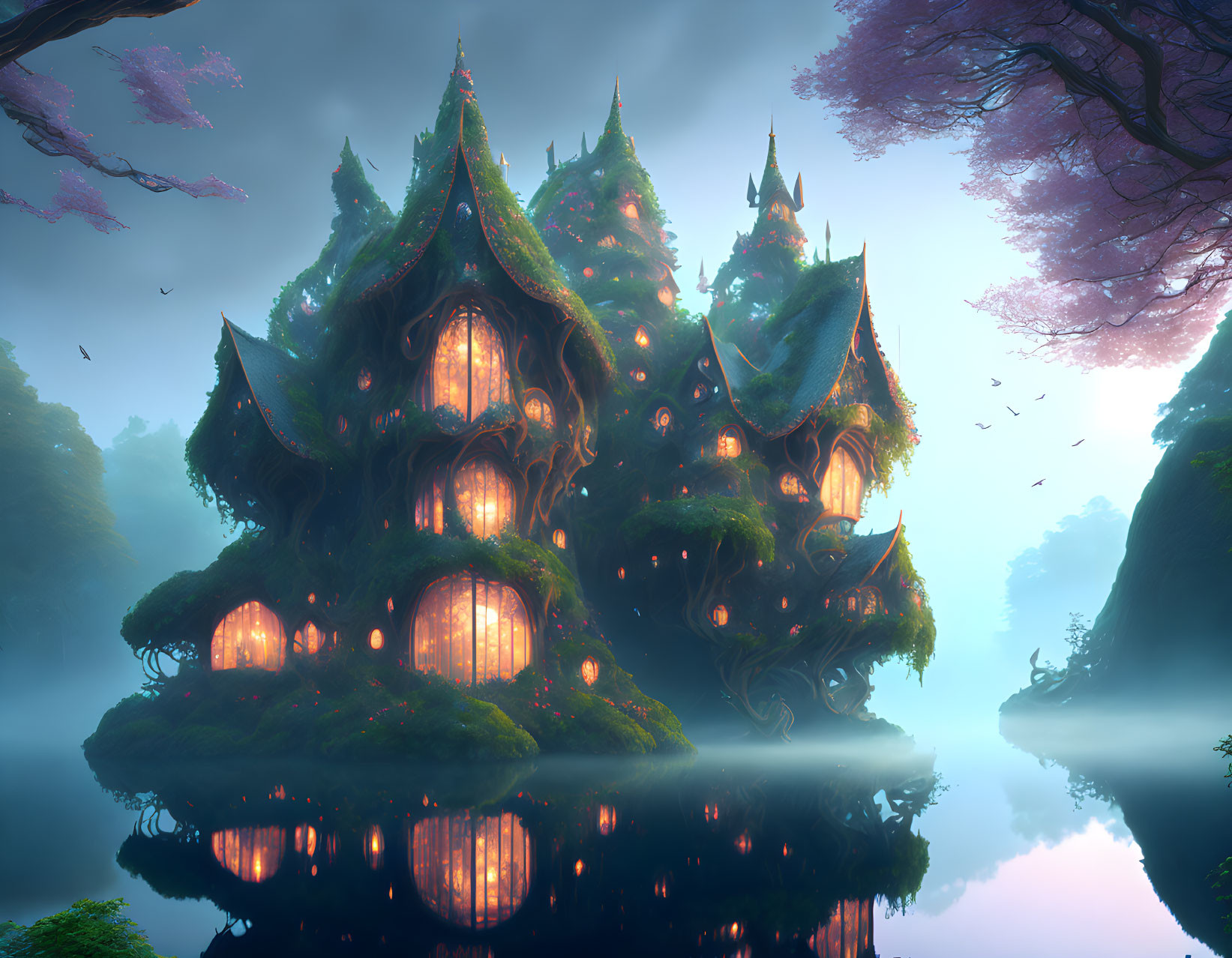 Fantasy treehouse in lush forest by calm lake at twilight