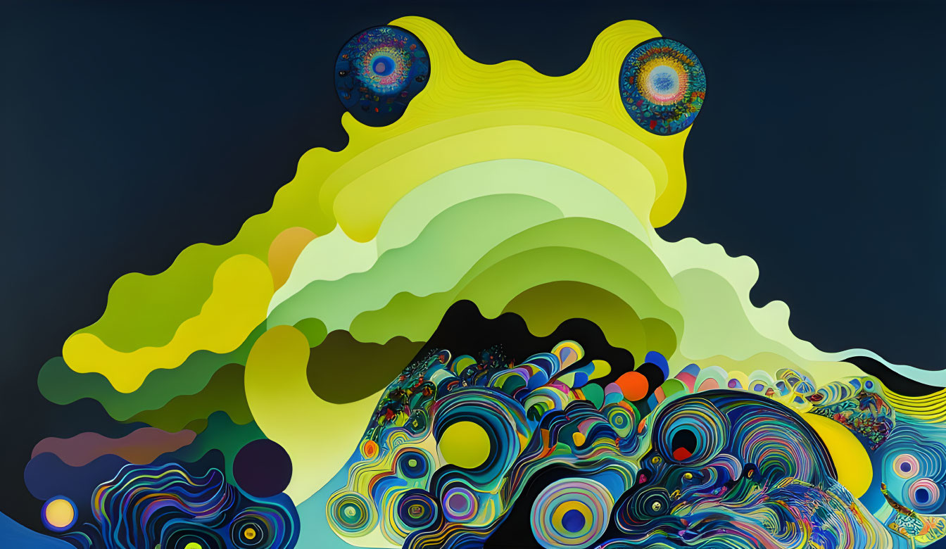 Colorful Abstract Artwork: Yellow and Green Waves with Blue Circles on Dark Background