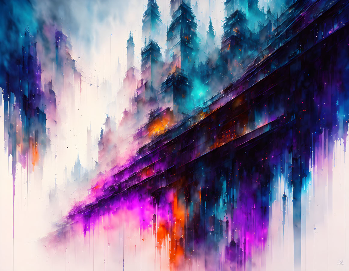 Colorful Paint-Drip Forest Artwork in Blue, Purple, and Orange