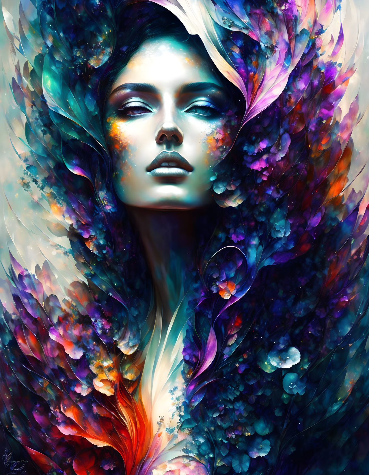 Colorful Abstract Portrait with Floral Elements and Feather-Like Patterns