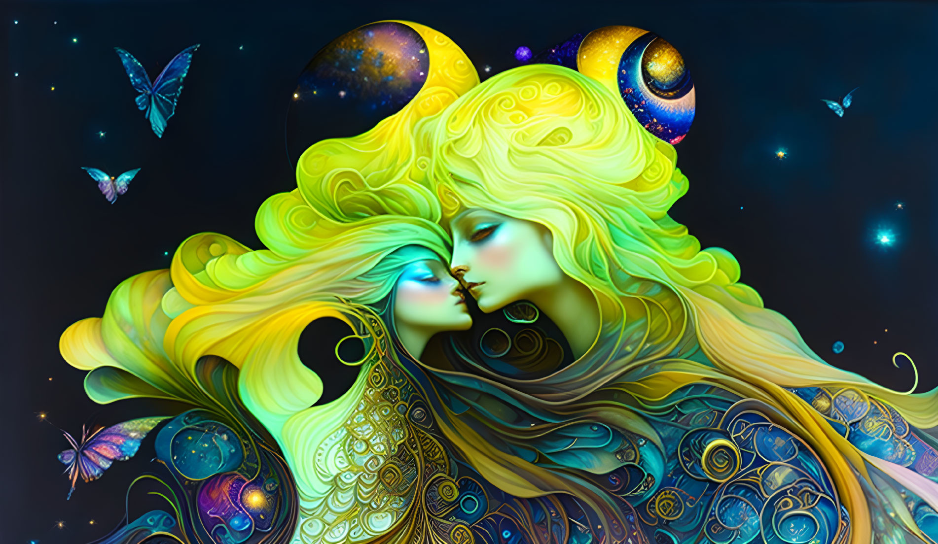 Digital Artwork: Two humanoid figures with golden hair in cosmic scene