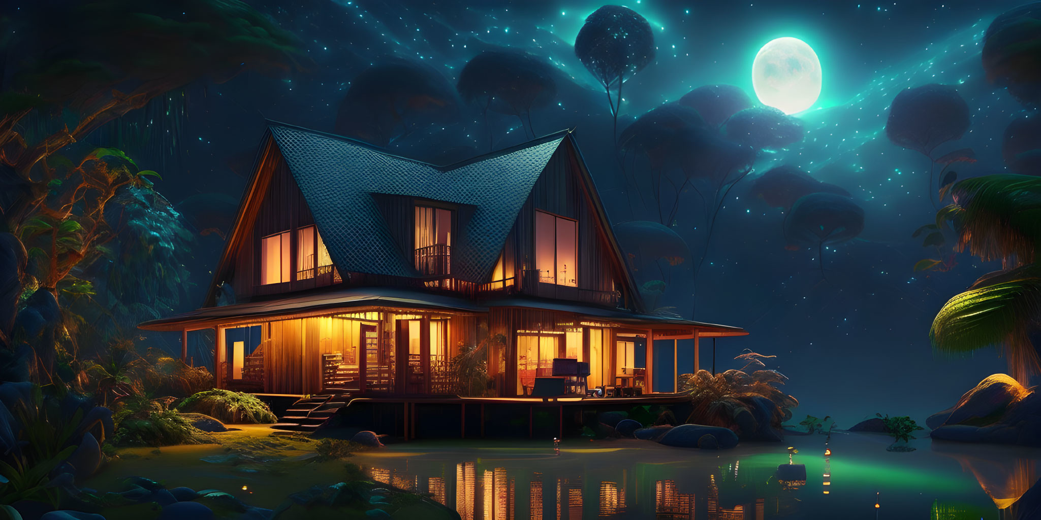 Cozy illuminated house on waterfront in dreamy nightscape