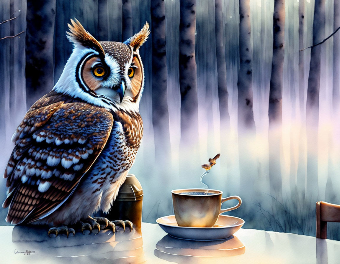 Illustrated owl with steaming cup and bird in misty woodland.