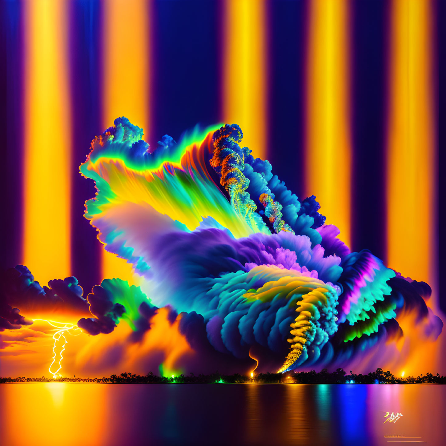 Vibrant digital artwork: dynamic cloud formation with lightning and reflective water