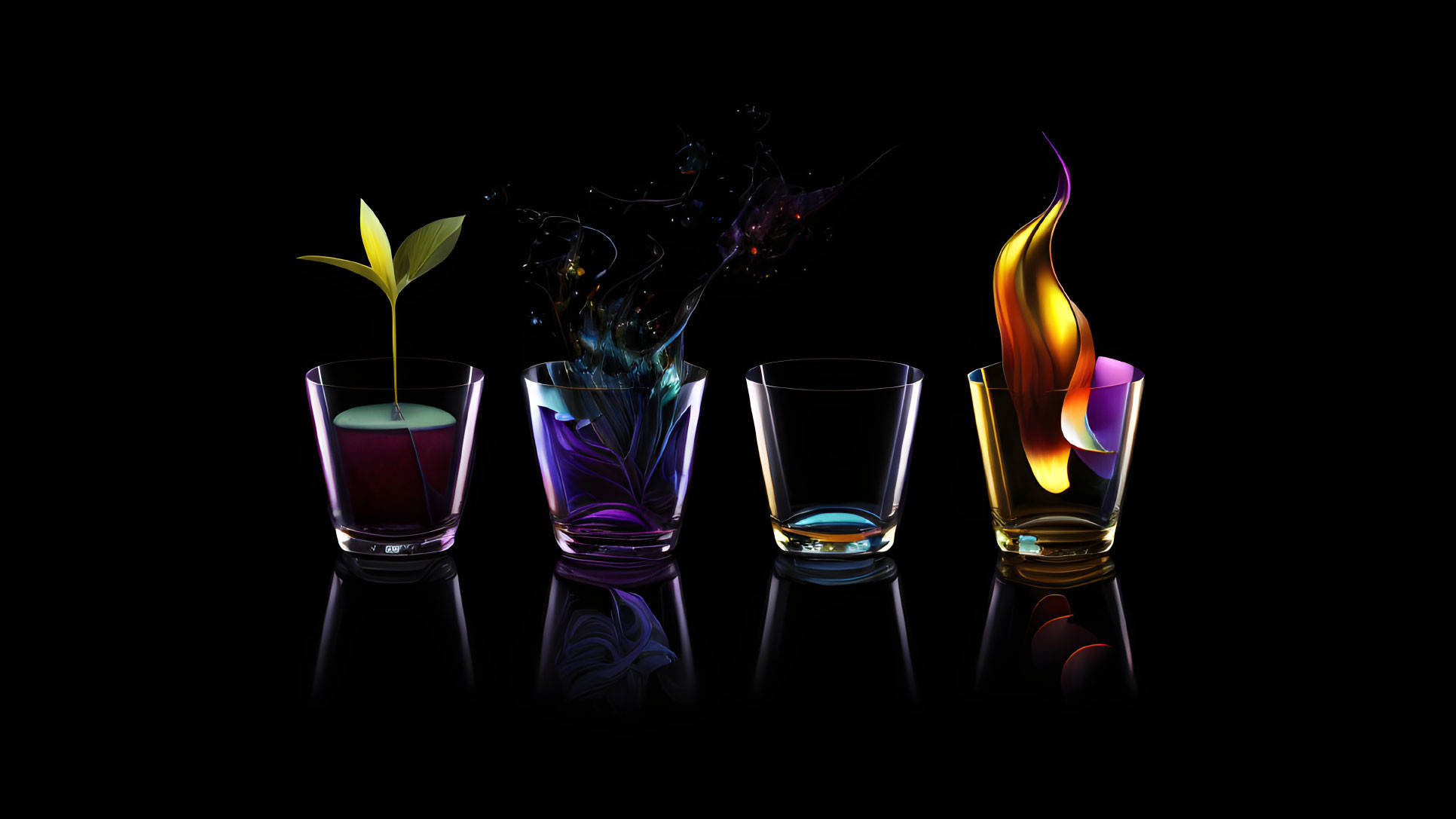 Four glasses on reflective surface: green sprout, purple liquid, clear liquid, flame