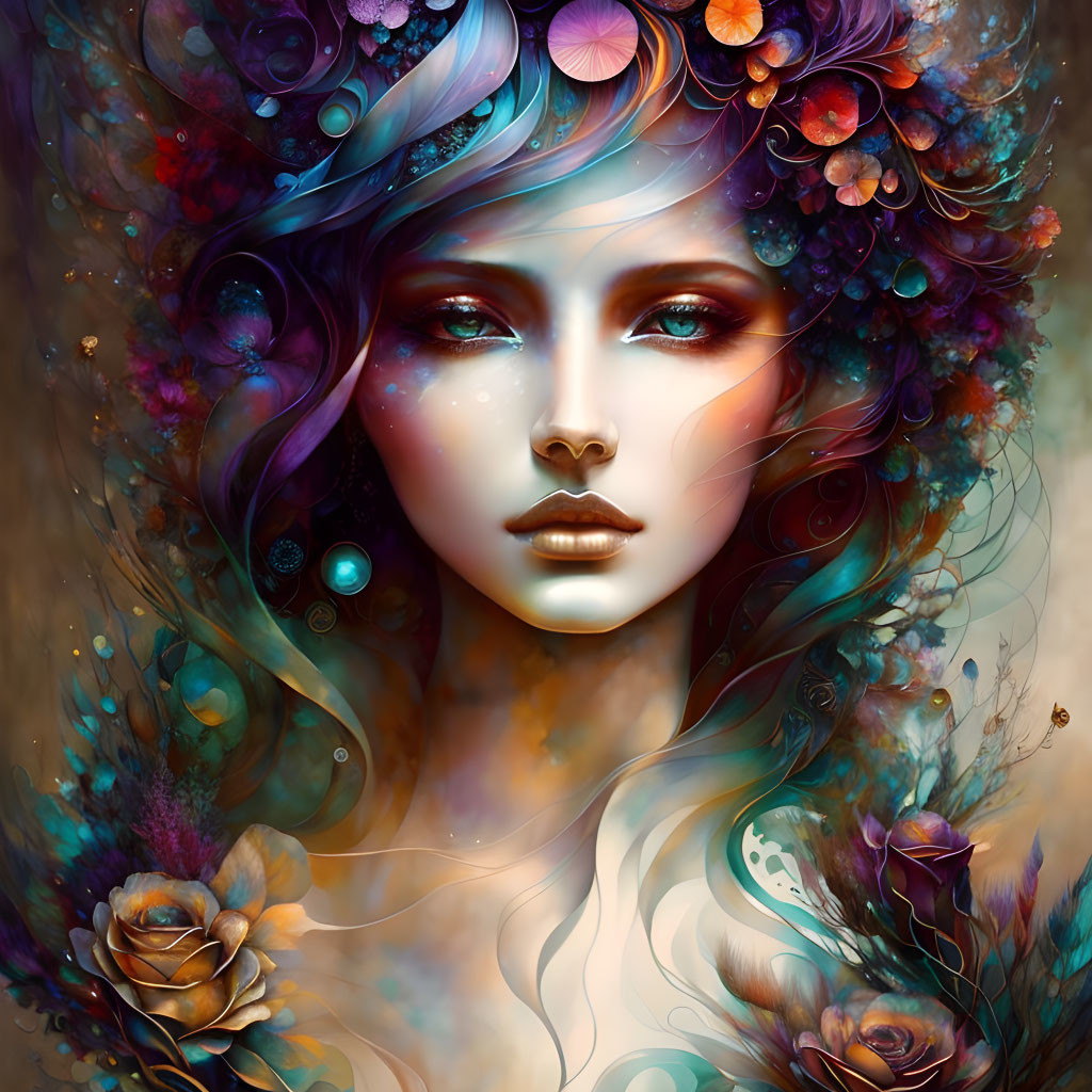 Vibrant floral hair merges with abstract swirls in dreamy portrait