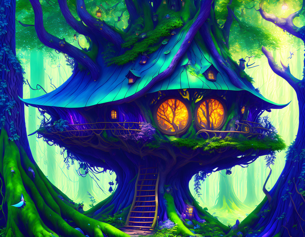 Fantasy treehouse with blue roof in ancient tree amidst lush green forest