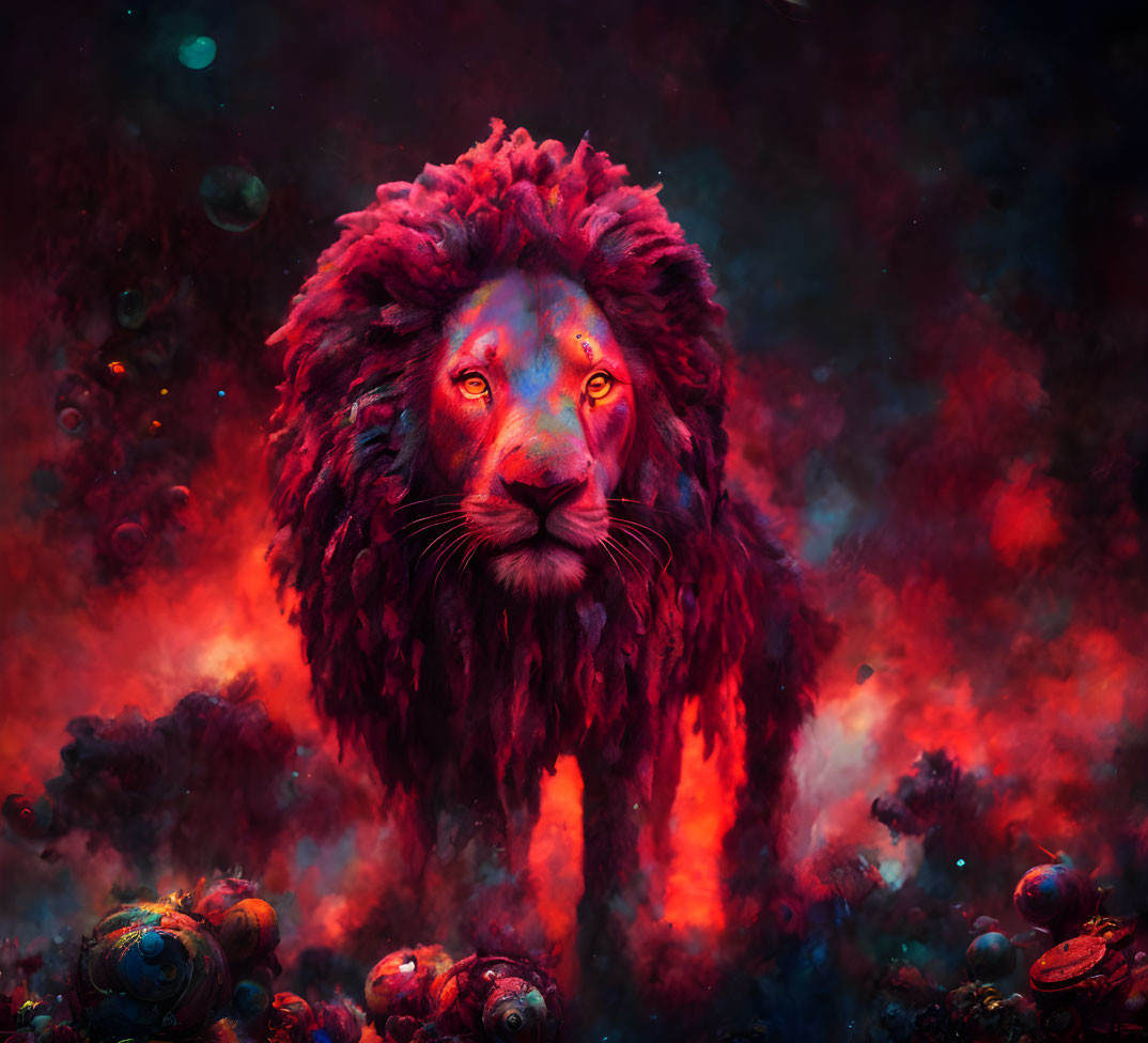 Majestic lion in red mist with orbs and particles