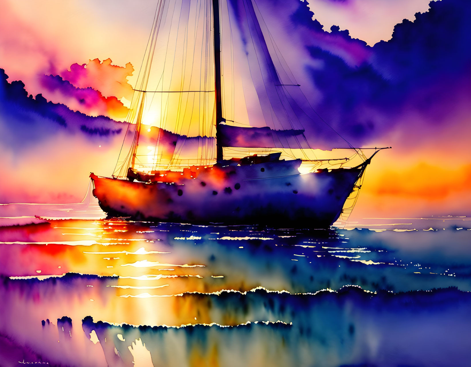 Sailboat Watercolor Painting: Sunset with Purple and Orange Reflections