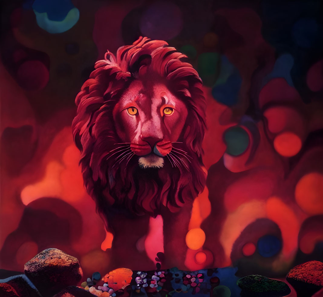 Majestic lion with yellow eyes in colorful fantasy backdrop