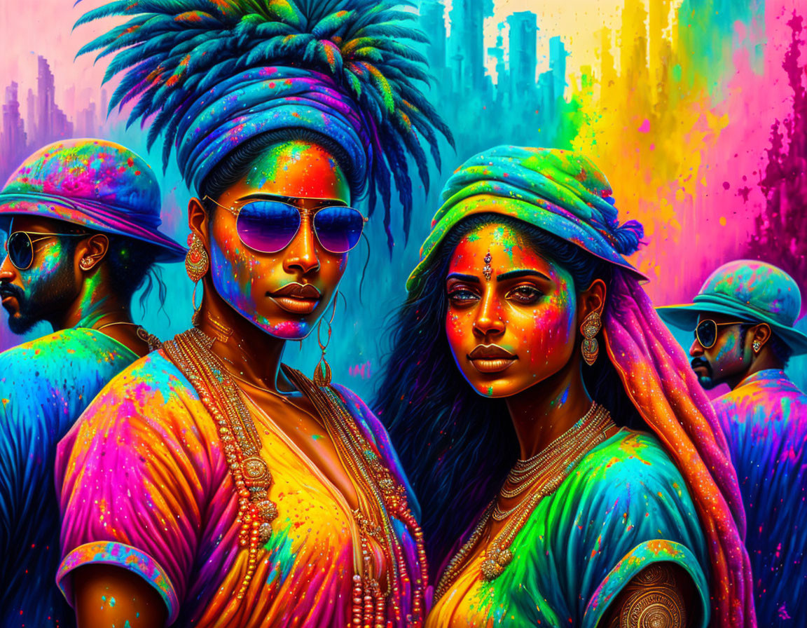 Colorful urban artwork: Four people in vibrant face paint and attire against neon backdrop