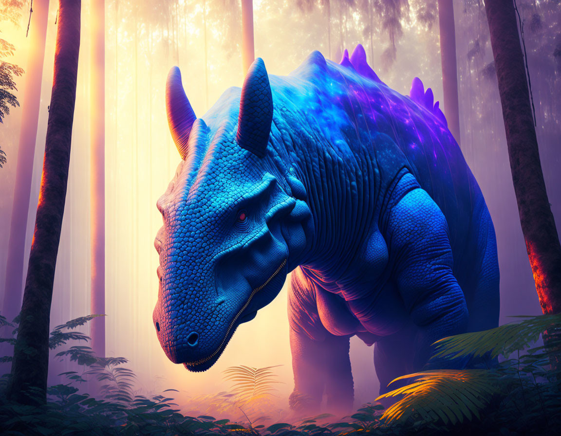 Blue Triceratops in Sunlit Forest with Mystical Atmosphere