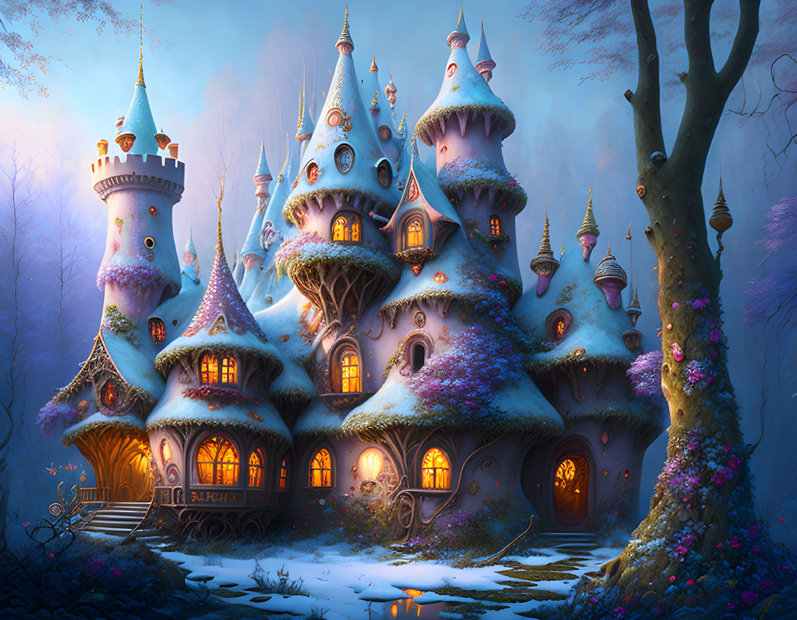 Enchanting Castle in Twilight Forest with Glowing Windows