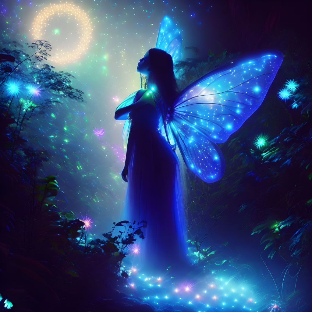 Luminescent fairy with blue wings in mystical forest at night