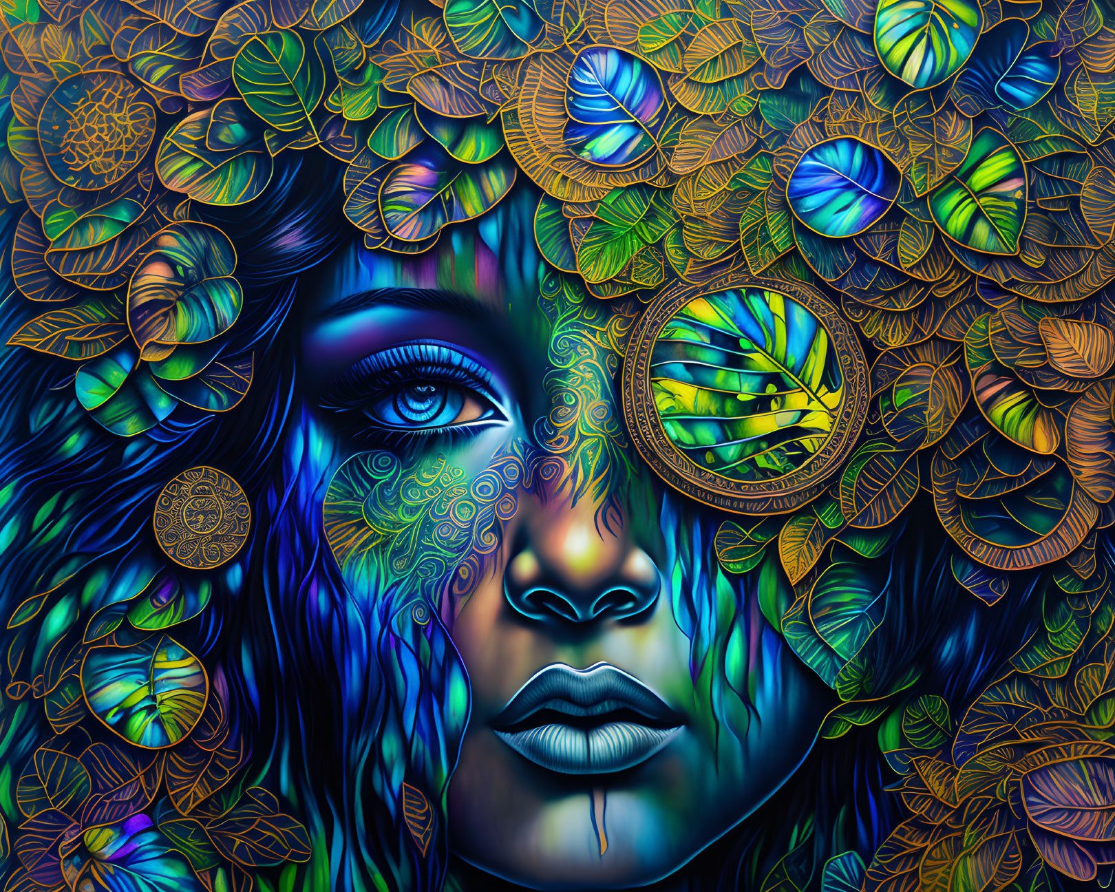 Colorful digital artwork: Woman's face with metallic leaves and timepieces