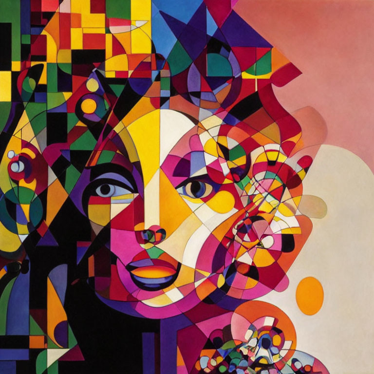 Vibrant abstract portrait with geometric shapes and fragmented face.