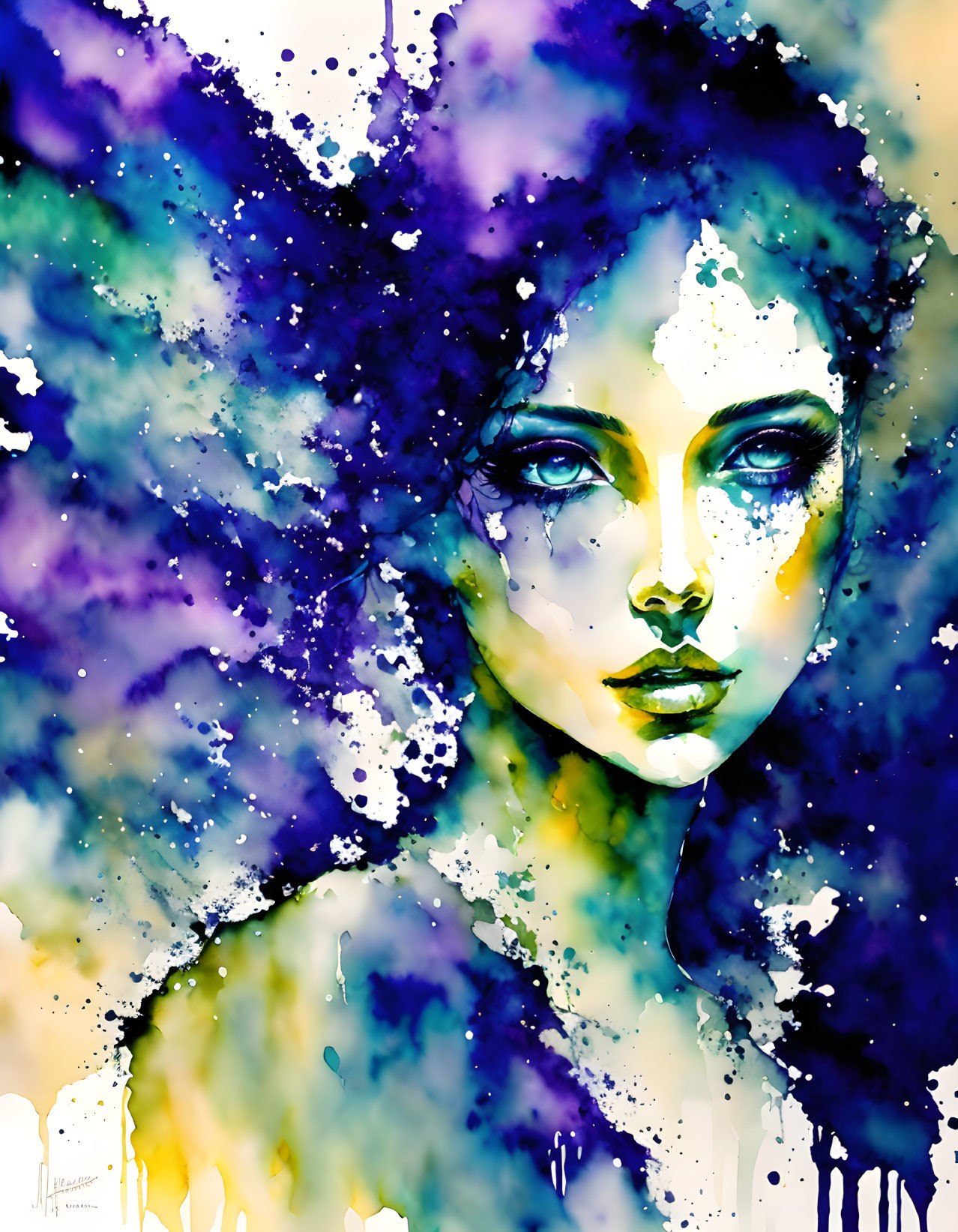 Colorful Watercolor Painting of Woman with Blue Eyes and Abstract Hair Splashes