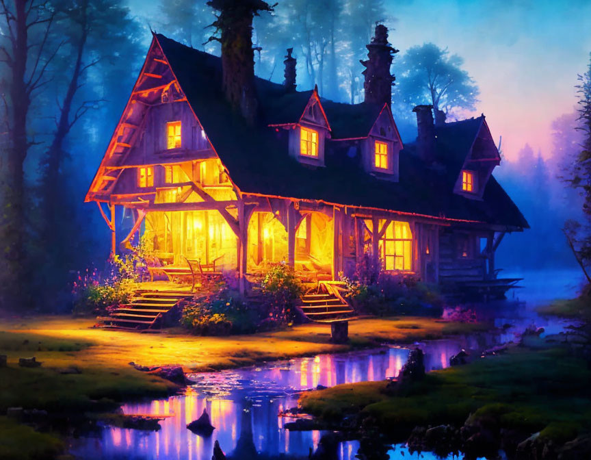 Enchanting illuminated cottage by tranquil stream in misty forest