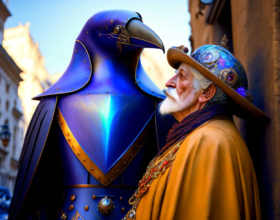 Elderly man with beard admires mechanical bird in steampunk scene