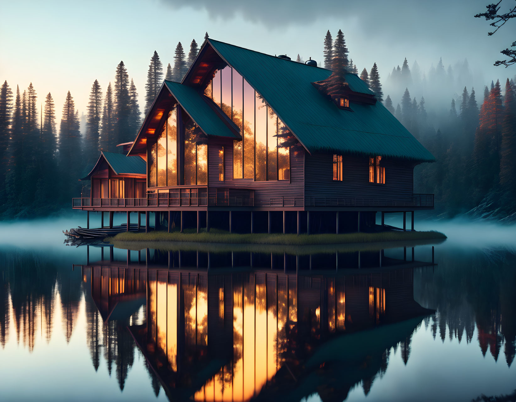 Tranquil Twilight Scene: Lake House, Illuminated Windows, Misty Forest