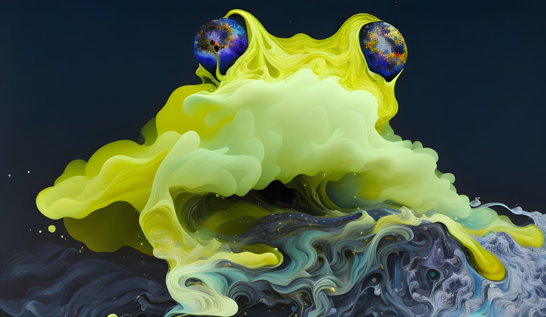 Vibrant yellow and black liquid splash art with frog-like figure and globes on dark background