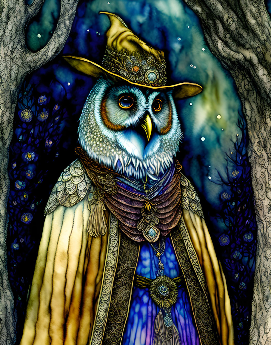 Detailed Owl Illustration in Humanoid Attire with Robe, Hat, and Medallion