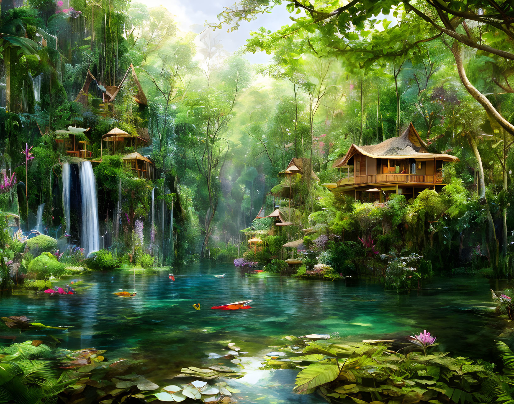 Lush Jungle Scene with Waterfalls, Kayak, and Wooden Houses