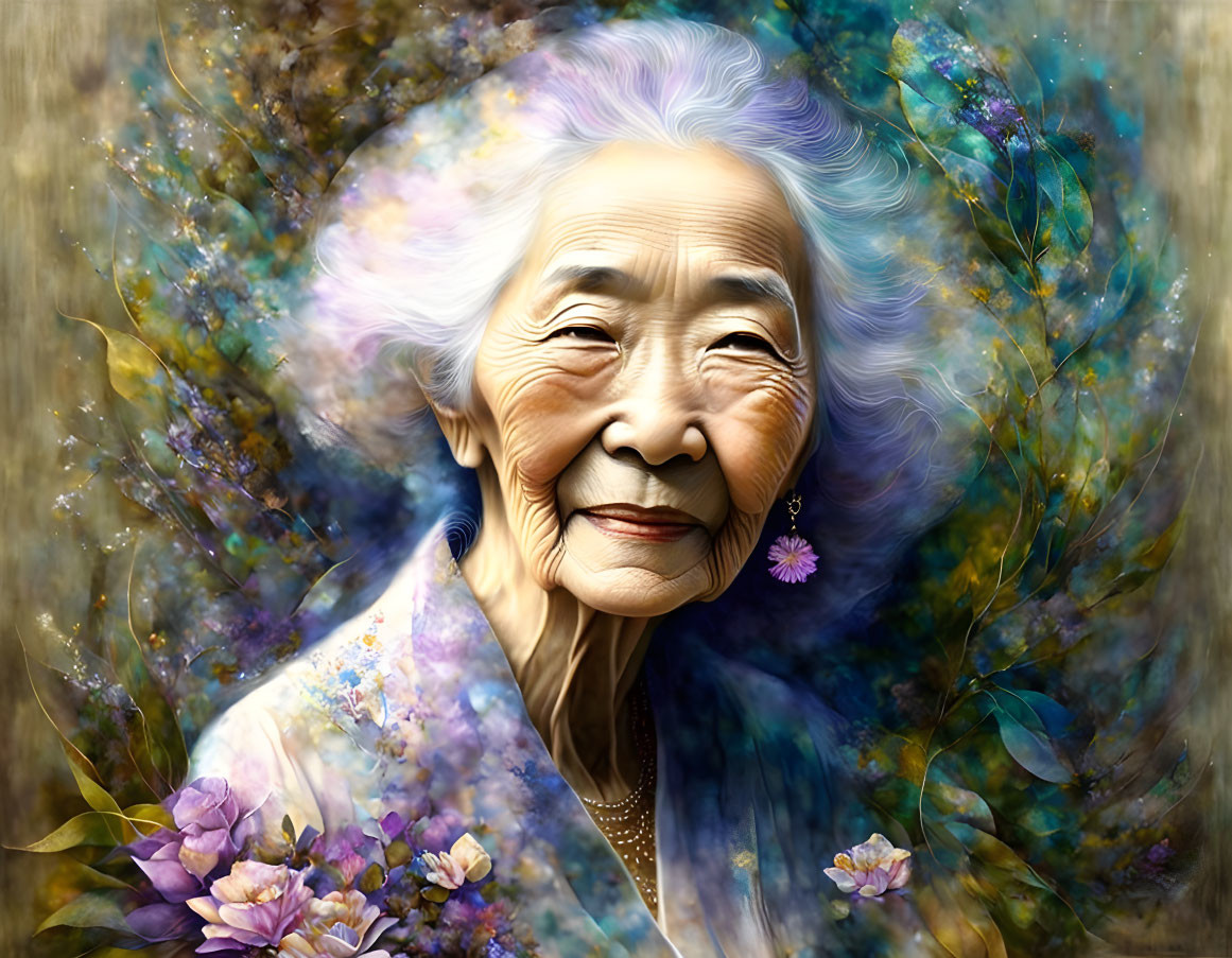 Elderly woman surrounded by colorful flowers in whimsical setting