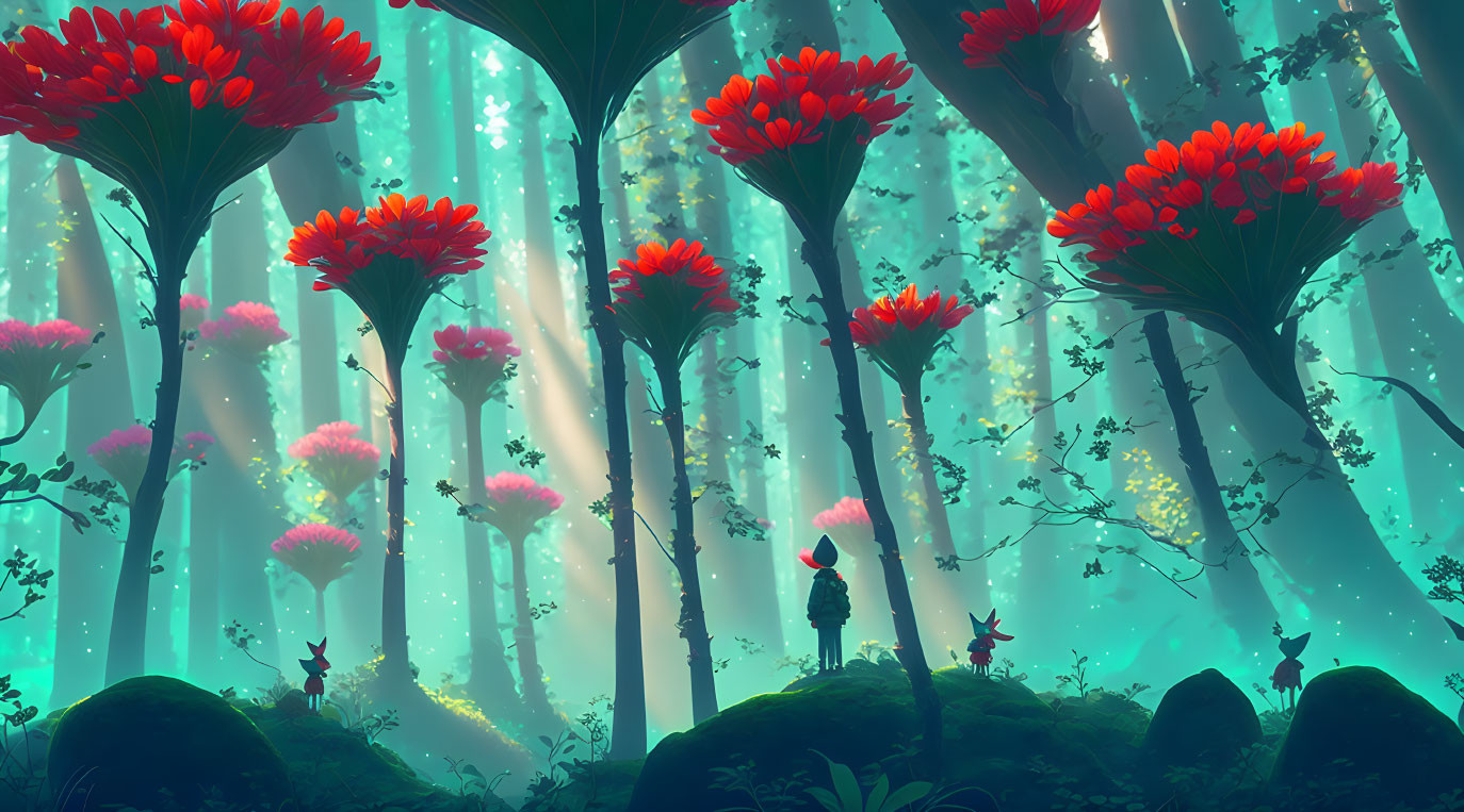 Majestic forest with towering trees and oversized red flowers in ethereal light