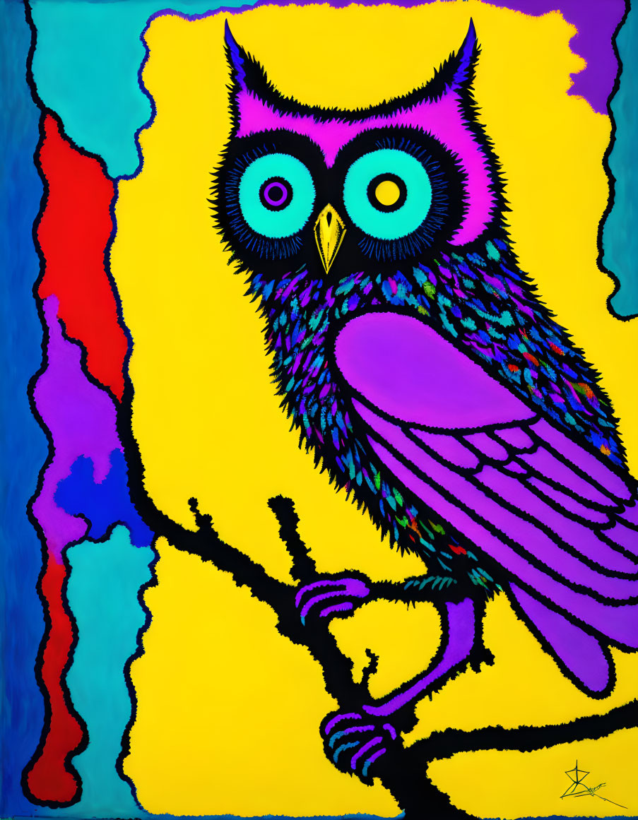 Colorful painting of purple owl on branch against blue and yellow backdrop