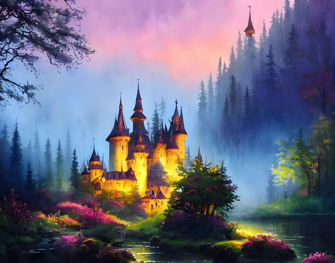 Enchanting castle in mystical forest with radiant lights at twilight