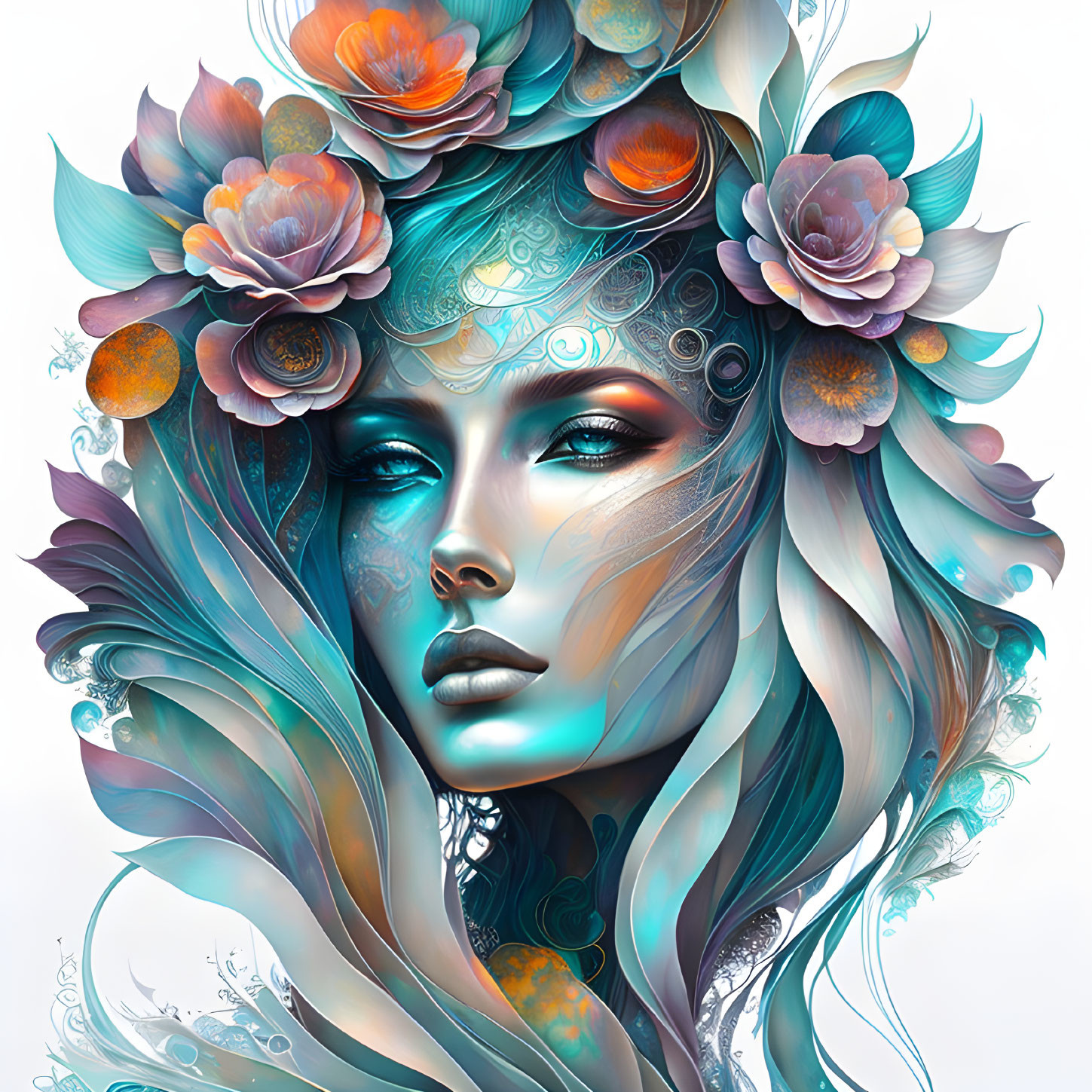 Vibrant digital artwork: Woman with floral headdress, turquoise and orange hues, ornate patterns