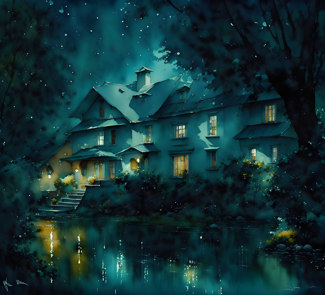 Spooky night scene: large house, glowing windows, dark trees, tranquil lake, starry sky