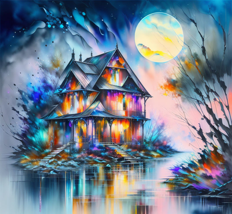 Moonlit house near reflective water under starry sky with vibrant colors.