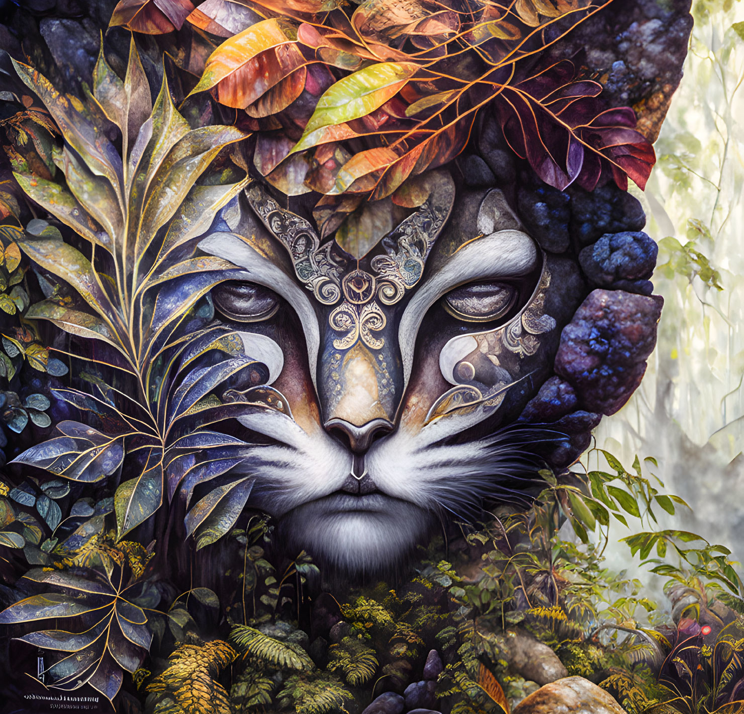 Mystical feline face with autumn leaves and foliage illusion