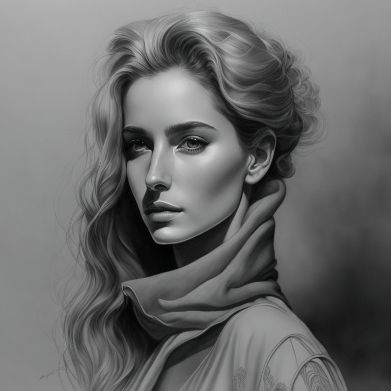 Monochrome digital portrait of woman with wavy hair and serene expression